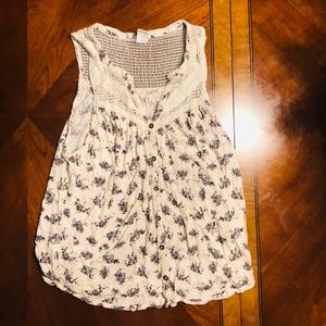 Cream Tan Floral Tanktop Black Flowers Mesh Back